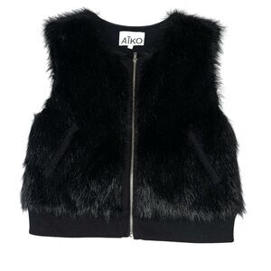 Aiko Faux Fur Black Zip-Front Vest Silk Lined Size Large Glam Edgy Mob Wife Bold
